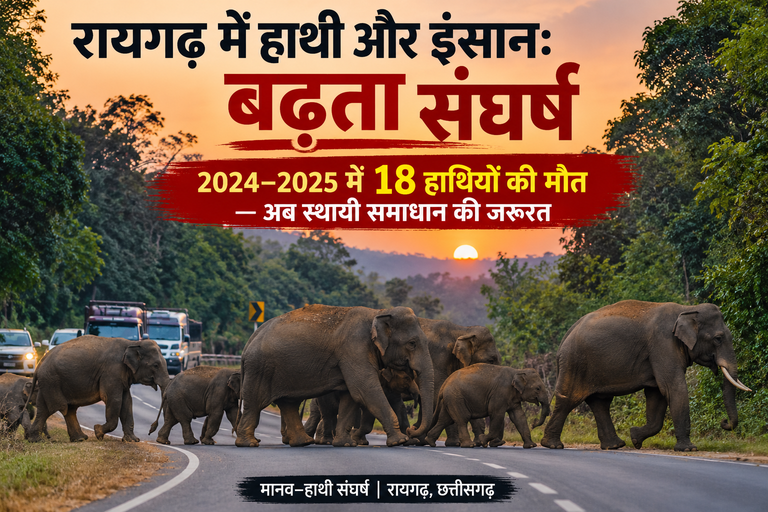 रायगढ़ में हाथियों का सड़क पार जुलूस